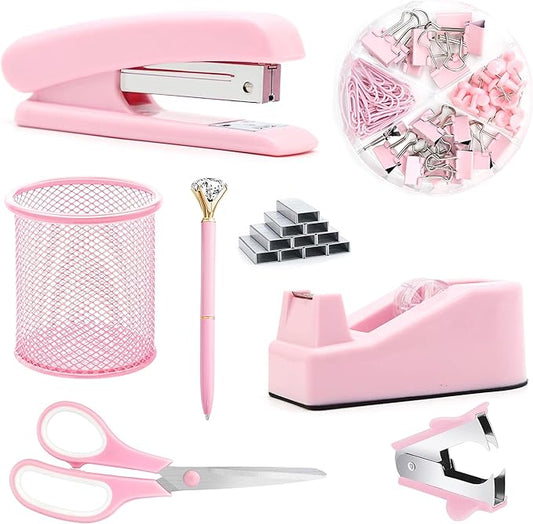 Pink Office Supplies, Pink Desk Accessories, Stapler, Staple Remover, Tape Holder, Pen Holder, Ballpoint Pen, Scissor, Binder Clips, Paper Clips and 1000pcs Staples.