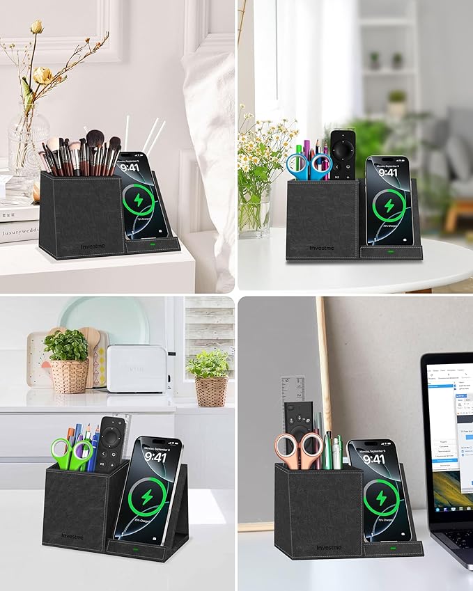 Pen Holder with Wireless Charger, Pencil Holder for Desk, Multi-Functional Desktop Organizer, Desk Organizers and Accessories for Home School Office Supplies, PU Leather Black