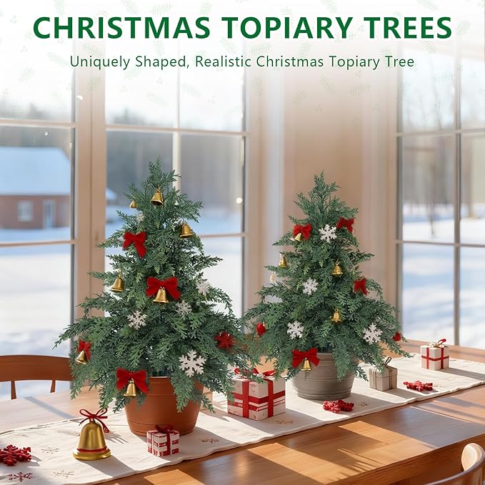 Artificial 26" Cypress Topiary Cedar Trees with Ground Spike, 2 Pieces Fake Pine Shrubs Bushes, UV Resistant Faux Evergreen Tree Plants for Indoor Outdoor Planters Front Porch Christmas