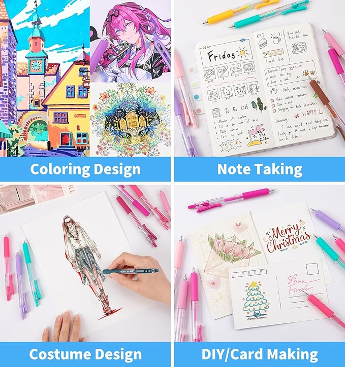 Gel Pens For Coloring, 54 Colors Retractable Colored Pens for Black Paper & White Paper, 0.7mm Fine Point Colorful Pens for Coloring, Writing, Drawing, Journaling, Note Taking, School, Office, Home