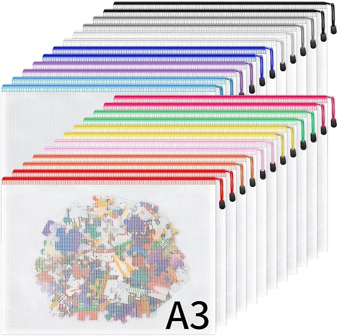 Umriox 24 Pack 12 Colors Zipper Pouches for Organizing, A3 Size (16.9 x 12.4), Big mesh Bags,Zipper Bags for Puzzles & Board Game Storage, Office Supplies Travel Toiletries