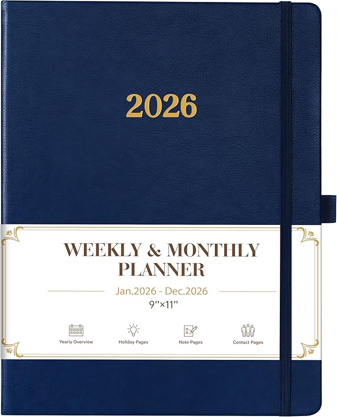 2026 Planner - Planner 2026, Leather Calendar Weekly and Monthly, 9"x11", Jan 2026 - Dec 2026, Leather Hardcover, Pen Loop, Elastic Closure, Pocket - Navy