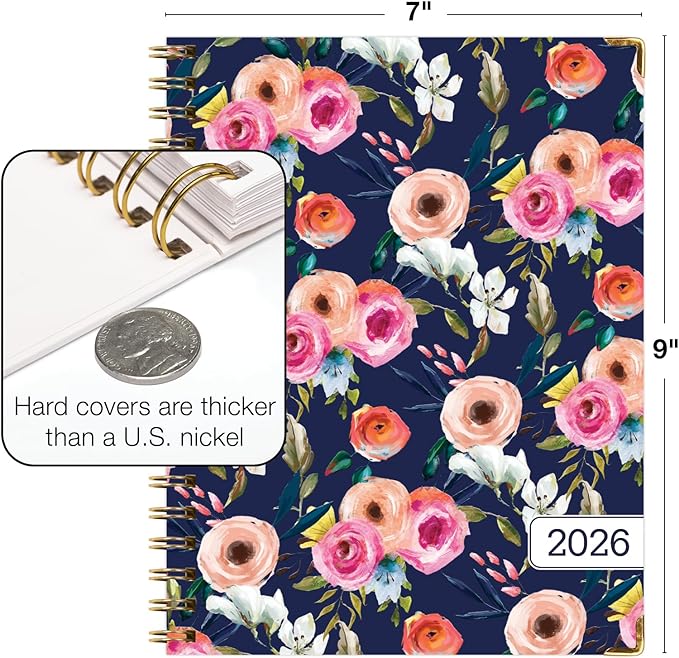 HARDCOVER 2026 Planner, 7"x9": 14 Months (November 2025 - December 2026), Daily Weekly Monthly Planner, Yearly Agenda, Bookmark, Pocket Folder and Sticky Note Set (Small Navy Floral)