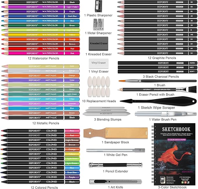 HIFORNY 176 PCS Art Supplies Drawing Set Sketching Kit with 100 Sheets 3-Color Sketchbook,Graphite Colored Charcoal Watercolor & Metallic Pencils,Blending Tools and More, for Beginner Artists