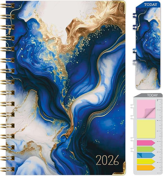HARDCOVER 2026 Planner, 5.5"x8": 14 Months (November 2025 - December 2026), Daily Weekly Monthly Planner, Yearly Agenda, Bookmark, Pocket Folder and Sticky Note Set (Dark Blue Marble)