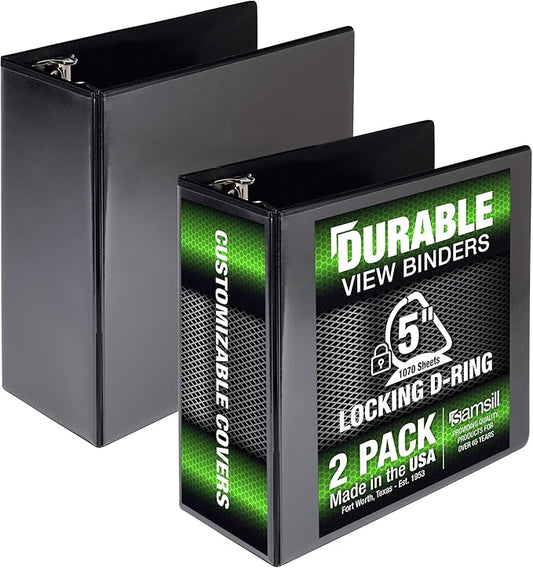 Samsill Durable 5 inch 3 Ring Binder, Made in USA, Locking D Ring FSC 100% Recycled Chipboard, Black, 2 Pack
