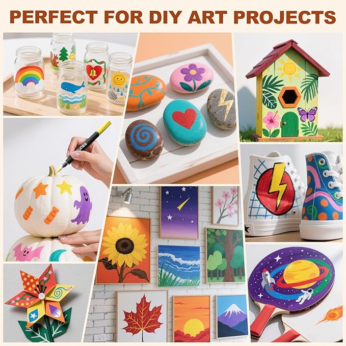 SUNEE 48 Colors Acrylic Paint Markers, Dual Tip with Bullet and Brush Tip Paint Pens with Automatic Ink Control System, Coloring Markers for Rock, Wood, Canvas, Glass DIY Crafts Art Supplies Kit