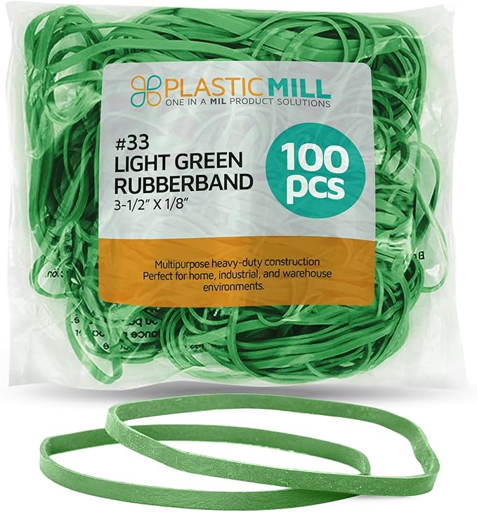 PlasticMill Light Green Rubber Bands Size 33 (3 1/2" x 1/8") - #33 Colored Rubber Bands Office Supplies - Strong, Elastic Bands for Crafts, Balloon Garland, Cash, File Folders (100-Pack)