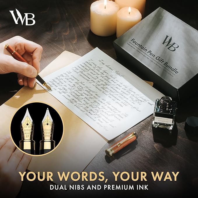Wordsworth & Black Fountain Pen Set, Luxury Bamboo Wood - Medium Nib, Extra Fine Nib, Gift Case; 25ML Black Ink Bottle, 6 Ink Cartridges, Refill Converter - Calligraphy, Writing [Brown Wood]