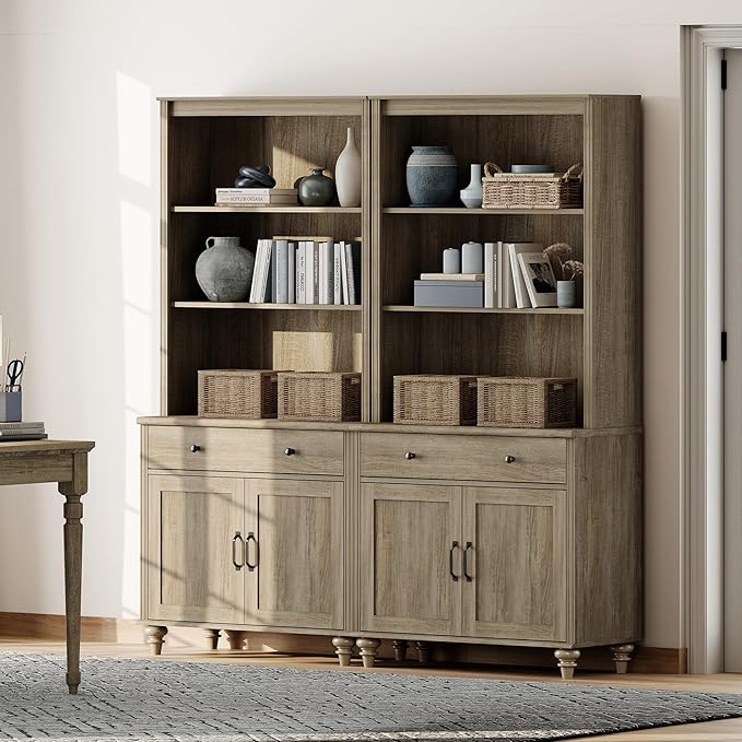 WAMPAT 5 Tier Farmhouse Bookcase 72" Tall Bookshelf with Barn Doors, Large Display Book Shelf with 2 Drawers and Storage Cabinet, Library Wood Bookshelves for Living Room,Kitchen, Wash Grey (2PCS)