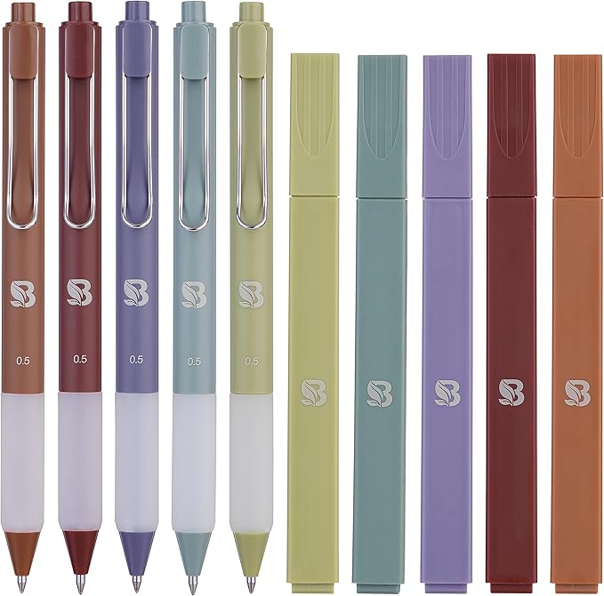 BLIEVE Aesthetic Highlighters and Gel Pens And Soft Tip, No Bleed Dry Fast Easy to Hold, for Bible Journaling Planner Notes School Office Supplies (Earthy)