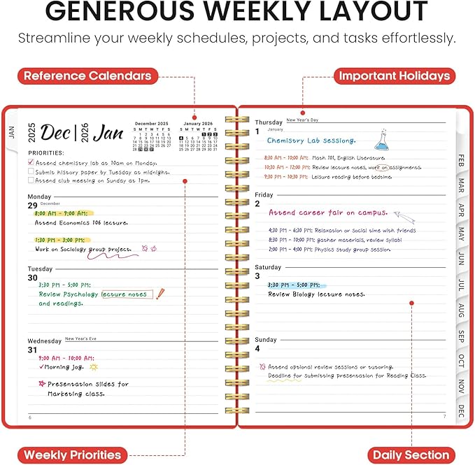 2026 Planner, Weekly and Monthly Calender Planner, Jan 2026 to Dec 2026, Hardcover 2026 Calendar Planner Book with Tabs & Inner Pocket, Office Home School Supplies for Women & Men - A5 (6.3" x 8.5"), Tomato Red