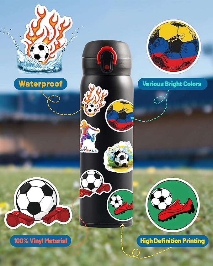 100 Pcs Sport Stickers for Kids, Soccer Water Bottle Stickers, Vinyl Waterproof Laptop Sticker for Water Bottle, Bulk Sticker Packs for Boys Kids Classroom Prizes for Elementary Students