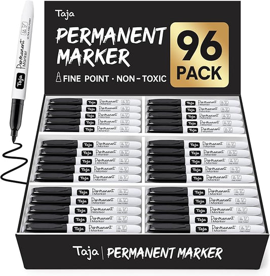 Permanent Markers Fine Tip, 96 Pack Black Quick-Drying and Fade-Resistant Permanent Markers Bulk Set for Writing and Drawing on Wood, Plastic, Metal, Glass, Stone, Ideal for Office School Supplies