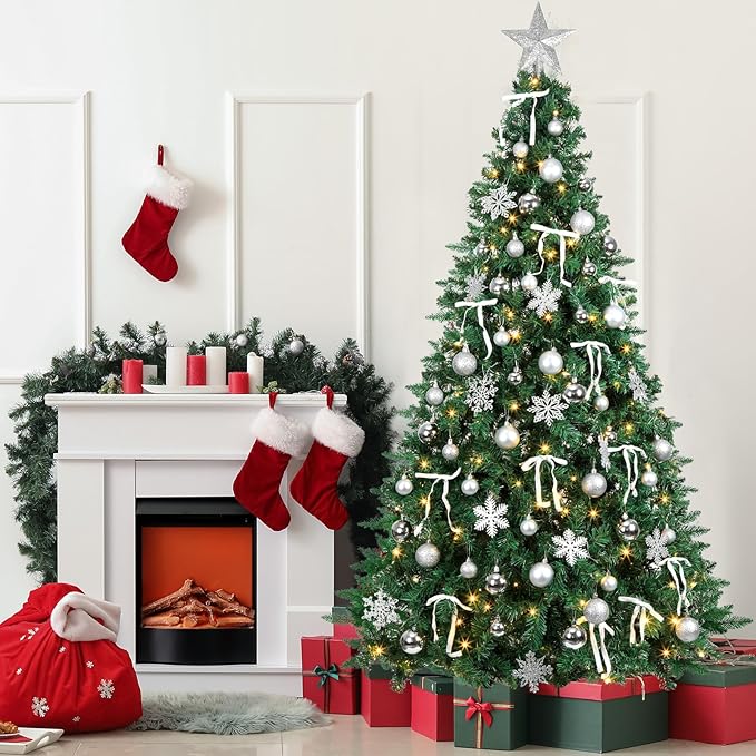 86Pcs Led Light Silver Christmas Tree Decorations Set 100 Led Light Christmas Star Trees Topper with String Lights Xmas Balls Snowflakes Ornaments Bows Xmas Trees Decor 20m Light String