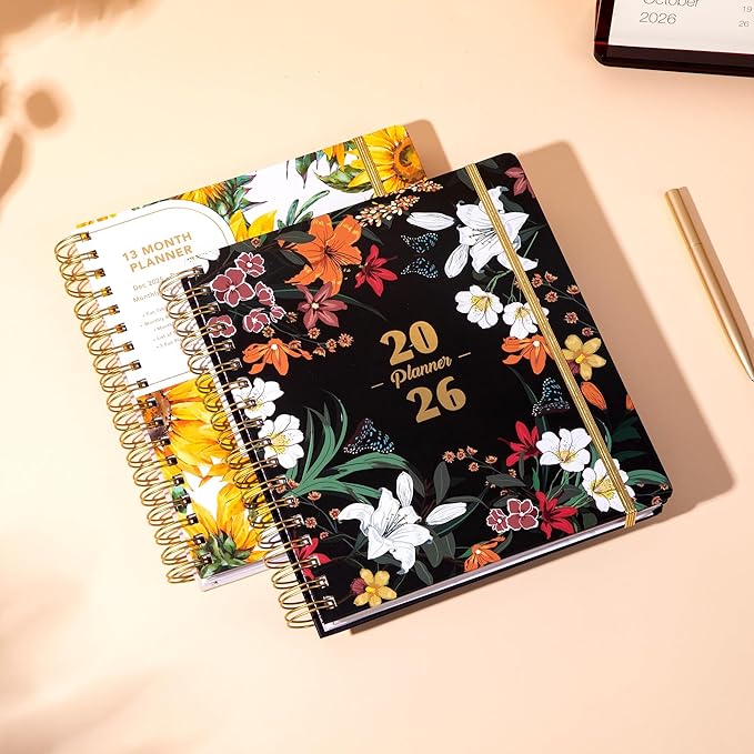 CAGIE 2026 Planner Weekly and Monthly from Dec 2025 to Dec 2026 Hardcover Spiral Bound Calendar Yearly Agenda Planners for Women with Stickers, 8.3 x 9.1, Black Floral