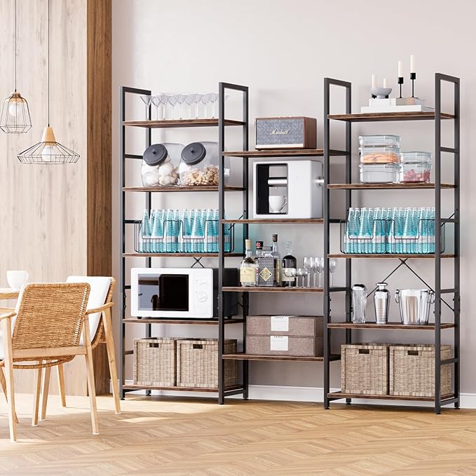 NUMENN Triple 5 Tier Bookshelf, Wide Book Shelf with 14 Open Display Shelves, Modern Tall Bookcase Furniture for Living Room Home Office, Vintage