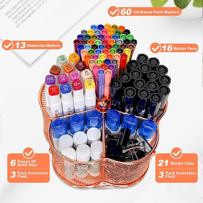 360 Degree Rotate Pen Holder for Desk Mesh Desk Pen Organizer Pencil Holder Large Capacity Accessories & Workspace Organizers for School,Home (Rose Gold, No hook)