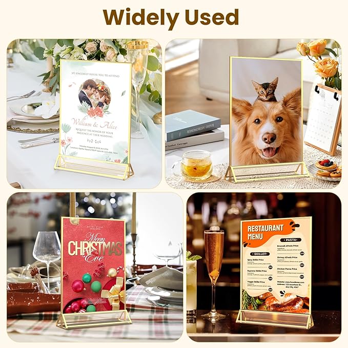 8X10 Acrylic Sign Holder Double-Sided Gold Picture Frames for Menu Holder Wedding Table Number Holder Christmas Photo Frames with Clear Sticky Dots -12 Pack