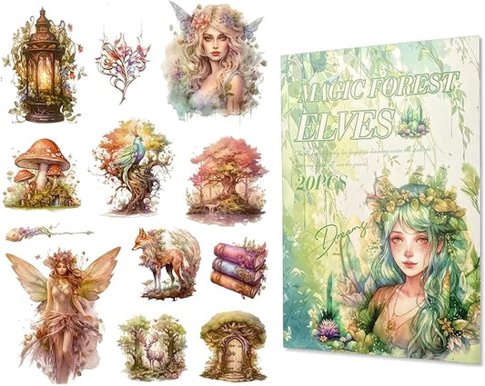 TIAMECH Phantom Forest Spirit Sticker Book - Magic Elves Series, 20 Sheets PET & Washi Stickers for Scrapbooking, Ephemera, Waterproof Junk Journaling Supplies & DIY Crafts (Size 10.5 x 7.1in)