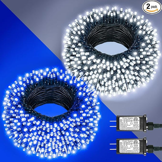 2 Pack Christmas Lights Outdoor, Total 200FT 600LED Christmas String Lights with 8 Modes Waterproof, Green Wire Twinkle Tree Lights for Indoor Patio Xmas Decor, 1 Pack Blue & 1 Pack White
