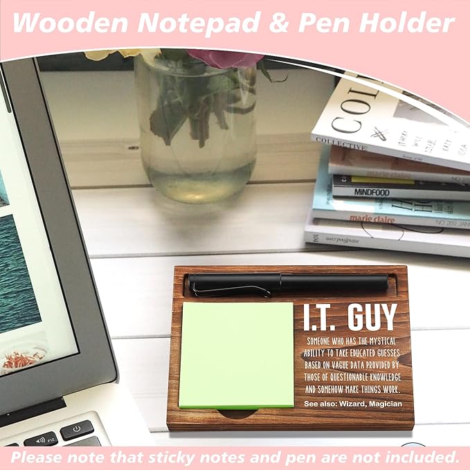 Funny I.T. Guy Sticky Note Holder Wooden Notepad & Pen Holder 6.5" x 4.7" IT Tech Sticky Note Pad Holder Dispenser for Desk I.T. Guy Definition for Tech Support Work Appreciation Gifts, NPA243