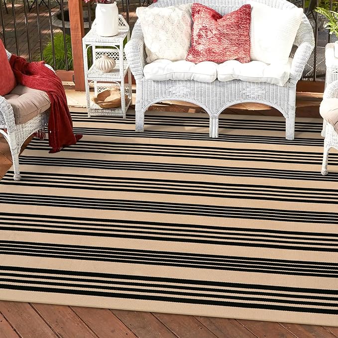 OJIA Outdoor Patio Rug 5'x7', Black and Tan Striped Outdoor Rugs Machine Washable Area Rugs Cotton Hand Woven Indoor Outdoor Rugs for Bedroom/Living Room/Front Porch/Deck/Backyard/Camping