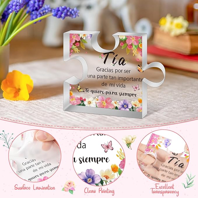 Yopyame Spanish Aunt Birthday Gifts - Regalos para tía Acrylic Heart Plaque Aunt Birthday Gifts from Niece and Nephew Keepsake Paperweight Gift in Spanish for Aunt Christmas Wedding Mother's Day Gift