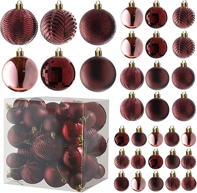 PREXTEX Wine Red Christmas Ornaments Set - 36 Shatterproof Wine Colored Ornaments for Christmas Tree, Holiday, Wreath, and Party Decor - Includes Small, Medium, Large Dark Red Christmas Balls
