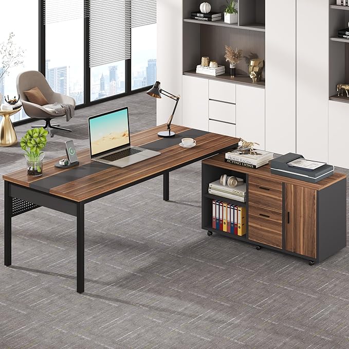 Tribesigns 70.8" Large Executive Office Desk and 47" Lateral File Cabinet Combo, L-Shaped Computer Desk 2 Piece Business Furniture with Drawers and Shelves, Home Office Workstation, Walnut