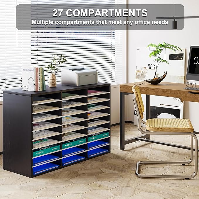 PAG Mail Sorter Organizer, Wood Literature Organizer, Student Mailbox for Classroom, Desktop Bill Paper Organizer for Office Home School, 27 Compartments, Black&White