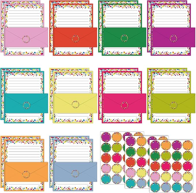 TaoBary 160 Pcs Stationery Paper Set 50 Double Sided Stationery Papers with 50 Matching Envelopes and 60 Round Dot Sticker, 10 Design(Polka Dot,8.5 x 11 Inch)