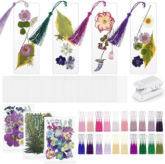 150 Pcs DIY Pressed Dried Flower Bookmark Making Kit, DIY Bookmark Bulk Thanksgiving Teacher Gifts for Reading Women Book Lovers(2 x 6 Inch,Purple)