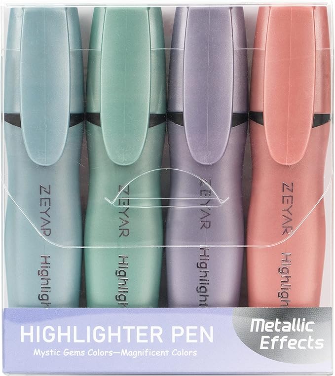 ZEYAR Aesthetic Highlighter Pen, Mystic Gems Colors, Chisel Tip Marker Pen, Water Based, No Bleed Dry Fast Easy to Hold, for Study Notes School Office (4 Noble Colors)