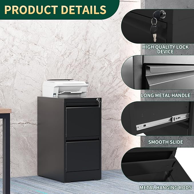 2 Drawer File Cabinet with Lock, Steel Vertical Filing Storage Cabinet for Home Office, Heavy-Duty File Cabinets for Letters/Legal/A4 (Require Assembly, Black)