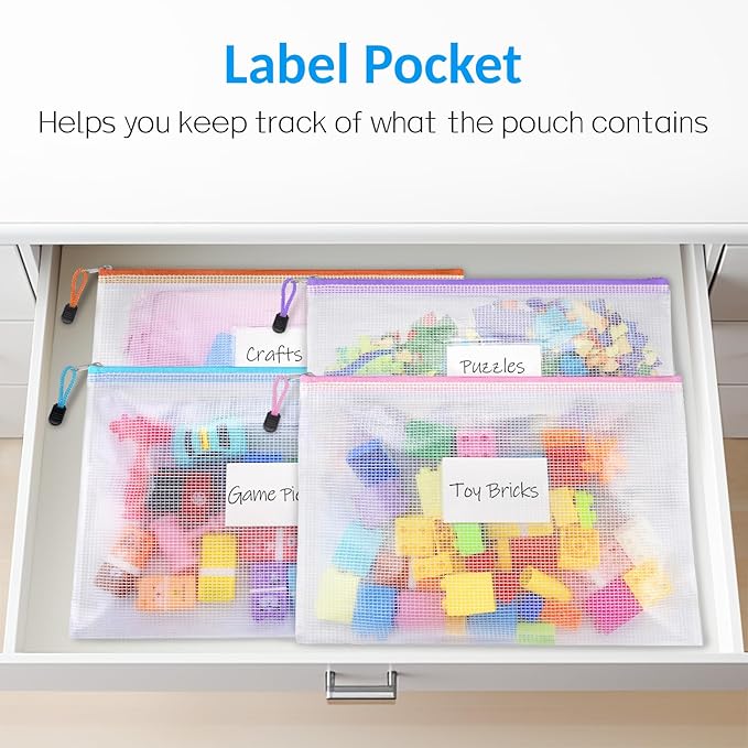 Sooez 20 Pack Mesh Zipper Pouch Bags, A4 Letter Size, Zipper Bags with Label Pocket, Waterproof Pouches for Classroom Organization, Board Game Storage, Document Bag for Teacher School Office Supplies