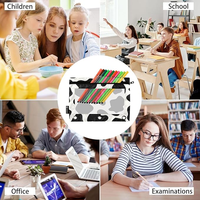 ALAZA Pencil Pouch for 3 Ring Binder, Cows Print Binder Pencil Pouches with Clear Window Zipper Pencil Case Cosmetic Bags for Office College Supplies, 2PCS