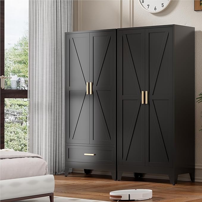 71'' Black Farmhouse Metal Wardrobe Cabinet with Hanging Rod, 2 Barn Door Wardrobe Closet with Adjustable Shelves,Drawer,for Dining Room,Bedroom,Living Room, Cloak Room,Office