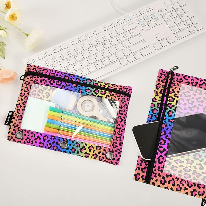 ALAZA Pencil Pouch for 3 Ring Binder, Rainbow Leopard Print Binder Pencil Pouches with Clear Window Zipper Pencil Case Cosmetic Bags for Office College Supplies, 2PCS