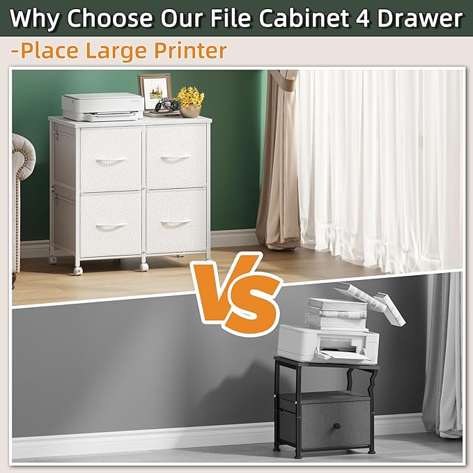 4 Drawer Lateral File Cabinet, Mobile Filing Cabinet for Large Printer, Home Office Functional Small Office Storage Cabinet & Printer Stand, Fabric Drawer, Fits Letter/A4, White
