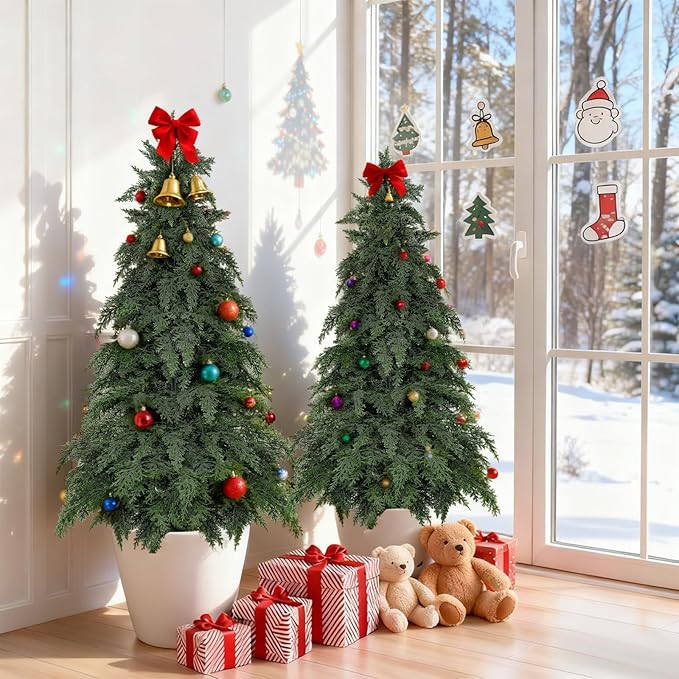 2Pack Artificial Topiary Trees, 4FT Faux Cypress, Faux Evergreen Pine Shrubs Plants with Pot, Potted Plants for Front Porch Indoor Outdoor Garden Christmas Decor