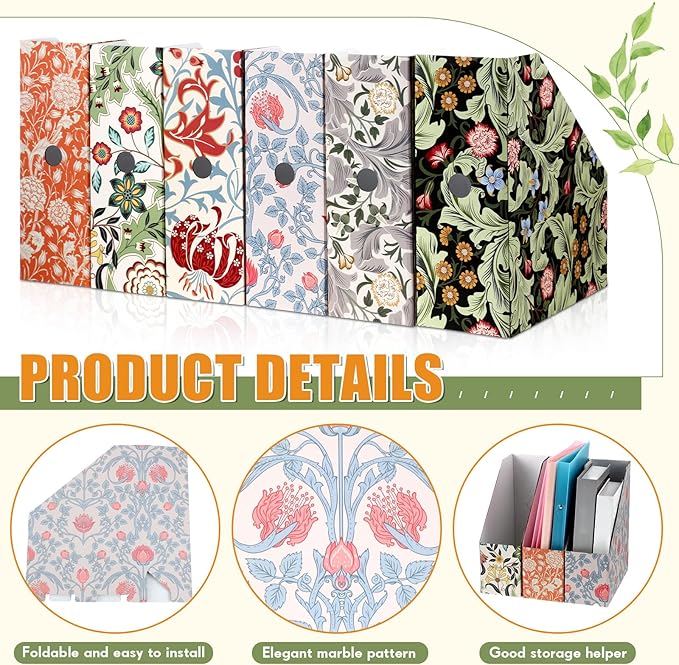 PerKoop 6 Pcs Magazine File Holder Foldable Decorative Cardboard File Folders 6 Patterns Floral Colored Magazine Rack with Printable Sticker Labels for School Office Home Desk (Floral)