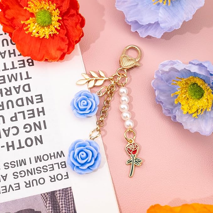 Rose Purse Charms Cute Flower Keychain With Heart Sticker Charm Chain For Kindle Colorful Bag Charms For Handbags