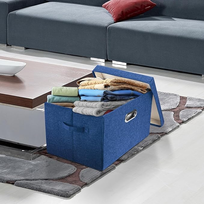 TYEERS Large Storage Bins with Lids, Collapsible, Washable, Fabric Storage Boxes for Organizing, 17.3x11.8x11.4 inches, 3 Pack, Classic Blue