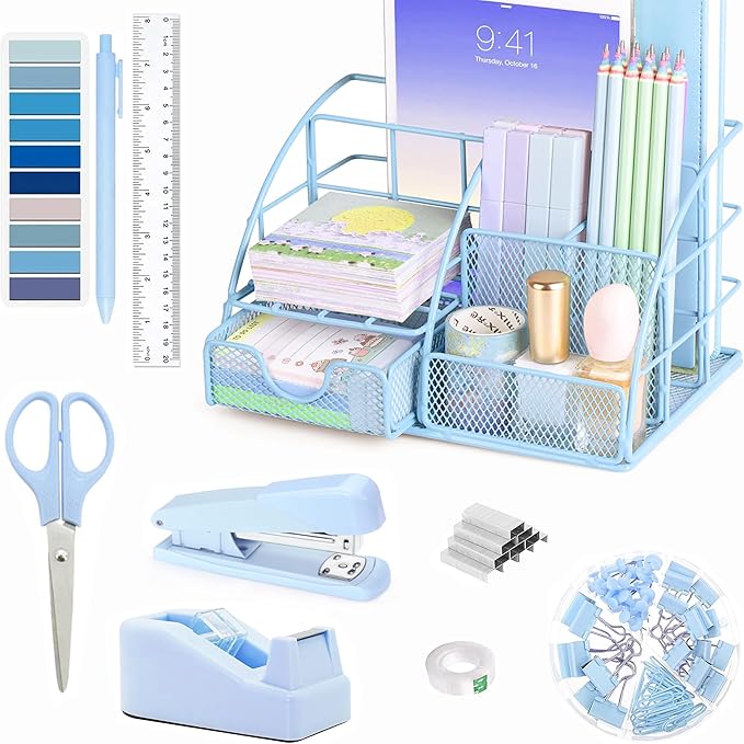 Blue Office Desk Accessories Supplies, 10pcs Desk Organizers and Accessories with Tape Dispenser and Stapler,Staples,Scissor,Ruler,Sticky Tabs,Tape,Ballpoint Pen,Clips Set