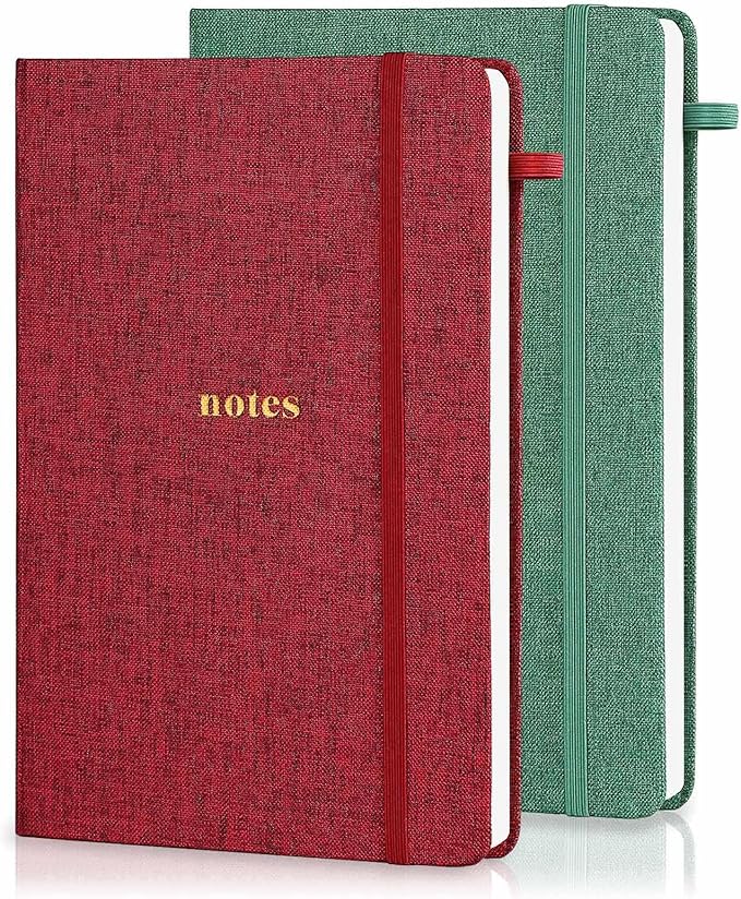 A5 Lined Journal Notebook – Hardcover Fabric Cover 160 Pages 100 GSM Thick Paper With Elastic Band & Pen Holder College Ruled Writing Notebooks for Work School Travel Red & Green