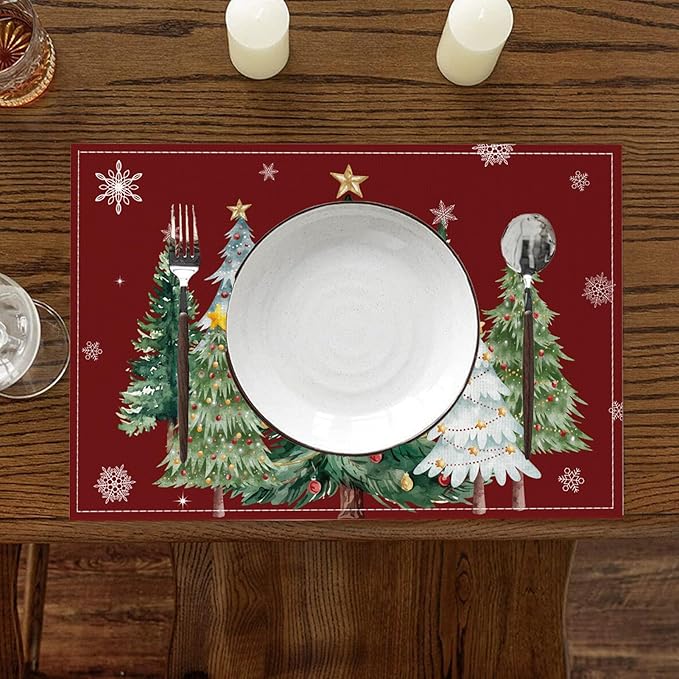 Christmas Placemats Set of 6 Xmas Trees Snowflakes Winter Placemats Snowflake Winter Seasonal Table Mats for Holiday Party Kitchen Dining Holiday Decoration