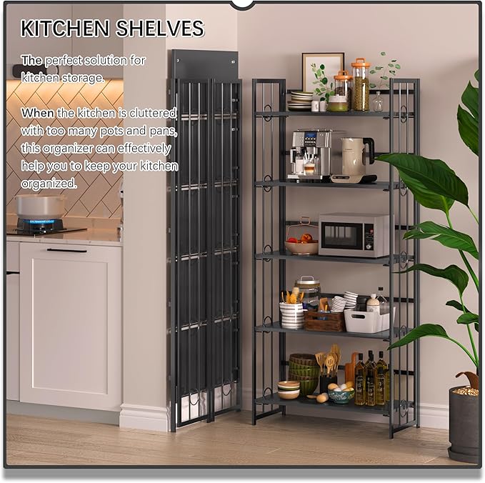 4NM No Assembly 5 Tiers Folding Bookshelf, 59.4" H Foldable Storage Shelves Vintage Bookcase Standing Racks Study Organizer Home Office - All Black