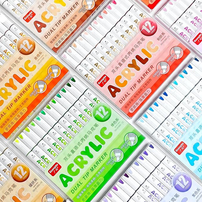 kander 12 Colors Dual Tip Acrylic Paint Markers, Purple Color — Extra Fine & Soft Brush Pen Set with Direct Ink Flow for Sketching, Detailing, Coloring on Wood, Canvas, Rock, Glass, DIY Crafts