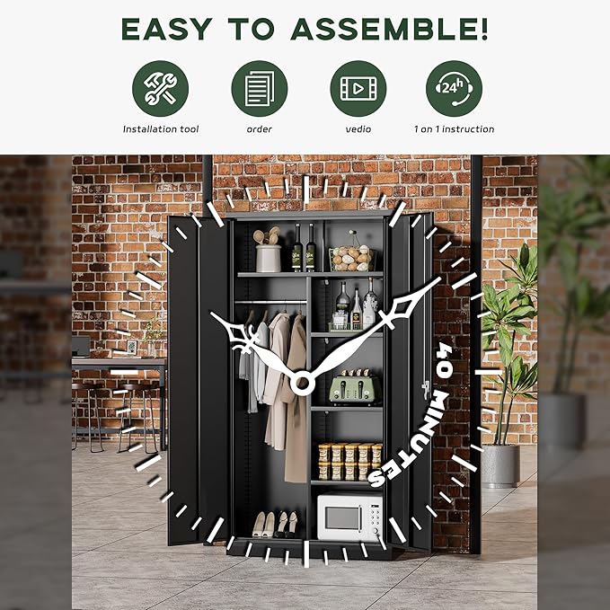 Greenvelly Metal Wardrobe Cabinet with Locking Doors, 72"H Black Metal Wardrobe Closet with Hanging Rods and Adjustable Shelves, Clothing Storage Closet for Home, Office, Employee, Gym (18" D x 36” W)